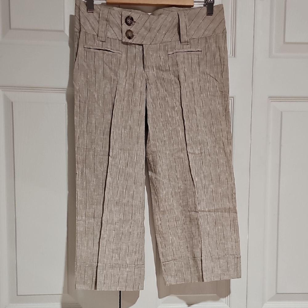 Halo Linen Blend Cropped Wide Leg Pants Size 3 Neutral Stripe
